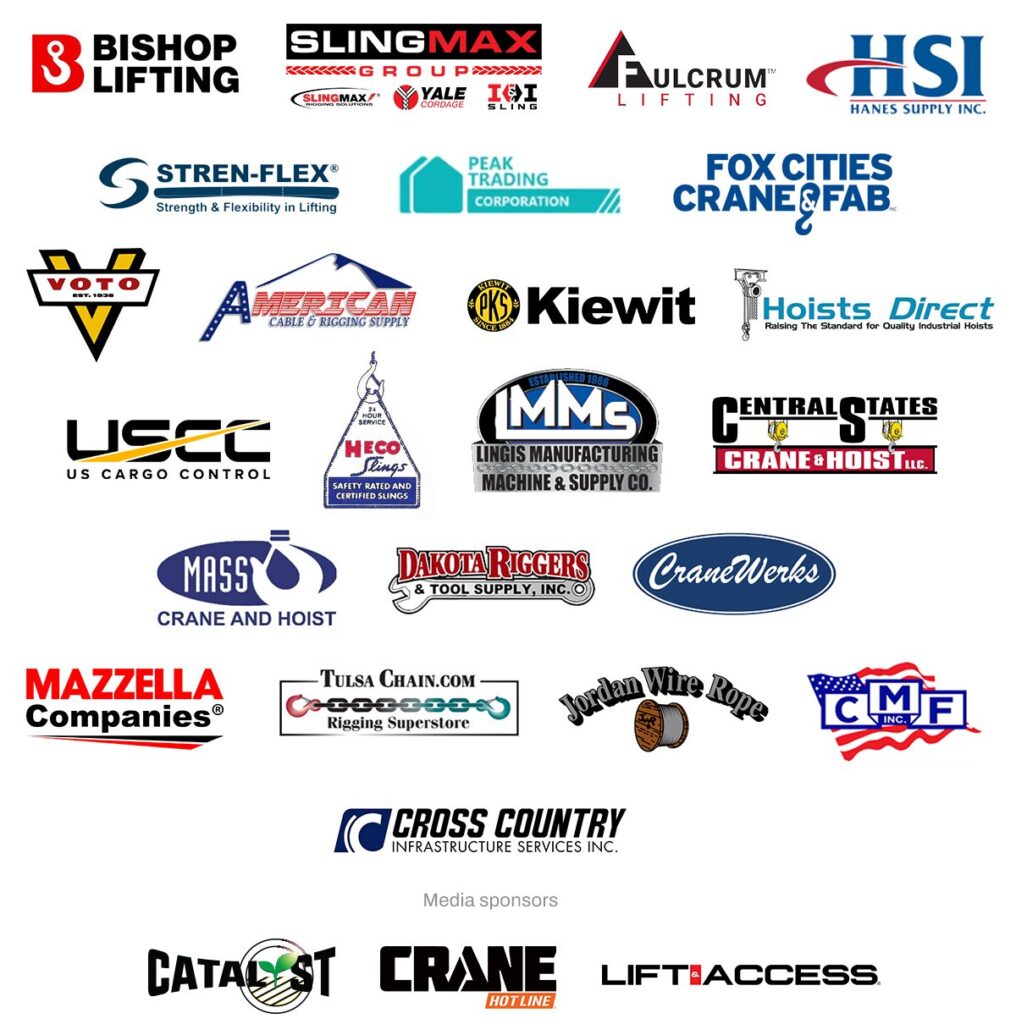 Logos of various industrial and lifting supply companies displayed, including Bishop Lifting, Slingmax, and others.