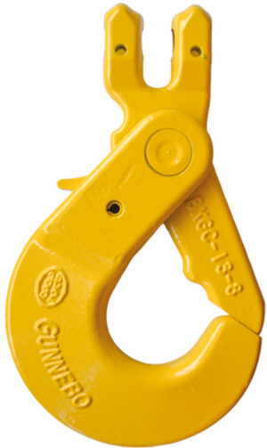 Yellow lifting hook for heavy-duty chains, featuring durable steel construction for industrial applications.