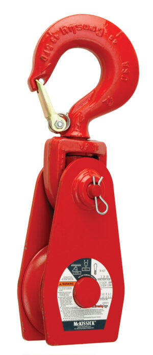 Red industrial lifting hook with safety latch and load capacity information. Ideal for construction and rigging purposes.