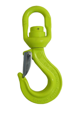 Green safety lifting hook with swivel latch for secure connection, ideal for heavy-duty industrial applications.