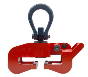 Red industrial lifting clamp for heavy-duty material handling in construction and manufacturing.
