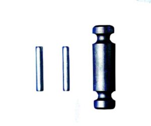 Three metallic cylindrical pins of varying lengths and designs on a white background.