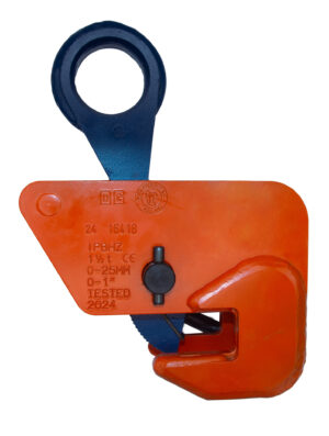 Orange industrial lifting clamp with blue handle, marked with specifications for weight and dimensions, tested in 2024.