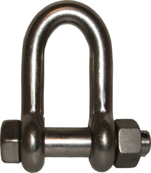 Stainless steel U-bolt shackle with nut, heavy-duty marine or rigging hardware component.