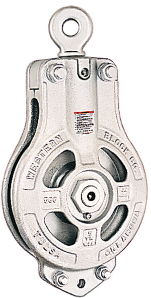 Heavy-duty Western Block Co pulley system for industrial lifting and rigging applications.