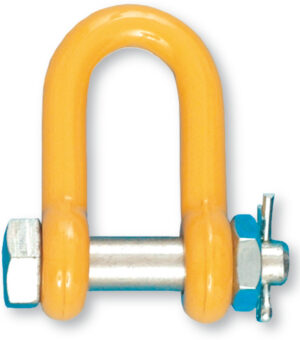 Yellow D-shackle with metal pin and hex nut for heavy-duty lifting and rigging tasks.