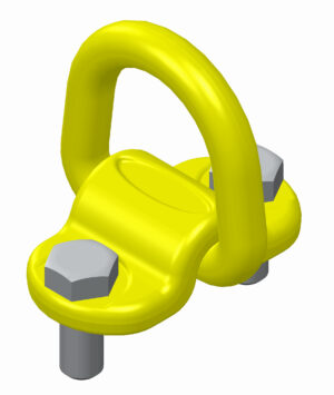 Yellow metal lifting eye bolt with two grey bolts, used for industrial securing and lifting applications.