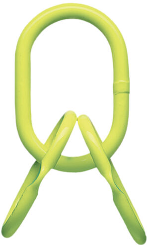 Bright green steel lifting chain links connected, isolated on white background for industrial use.