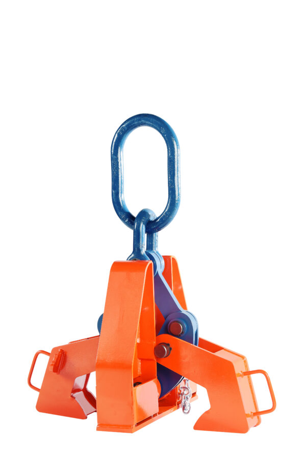 Orange and blue industrial lifting clamp against a white background, used for heavy-duty material handling.