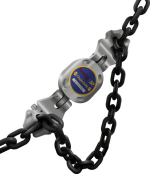 Heavy-duty black and silver chain with Crosby ChainSafe connector for secure load management.