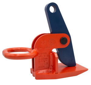 Orange and blue industrial lifting clamp for heavy materials, tested and labeled for safe use in 2024.