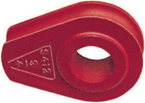 Red steel wire rope grip with a circular hole, used for securing cables and ropes, close-up view.