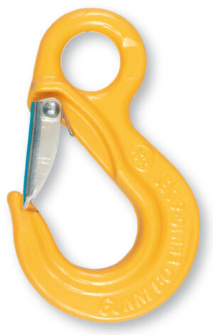 Yellow heavy-duty safety hook with a secure latch, ideal for industrial lifting and rigging applications.
