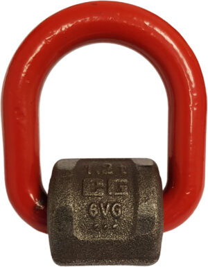 Red D-ring shackle with gray base, used for lifting and securing loads safely.
