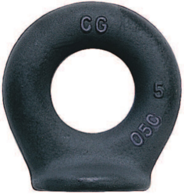Heavy-duty black lifting eye bolt with CG 05C-5 markings for secure hoisting applications.