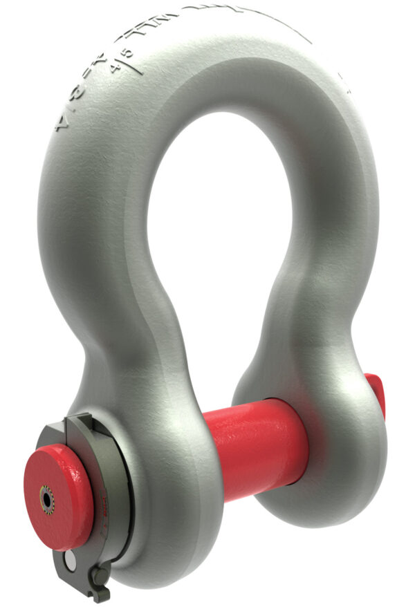 Heavy-duty industrial lifting shackle with red pin, close-up view. Perfect for rigging and lifting applications.