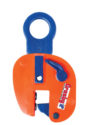 Orange and blue Crosby IP lifting clamp for heavy-duty industrial applications.