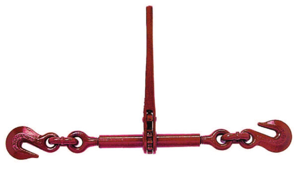 Red load binder with hooks for secure cargo transport and tensioning, isolated on white background.