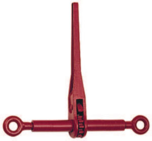 Red turnbuckle with eye bolts for tensioning cables or rods, shown against a white background.