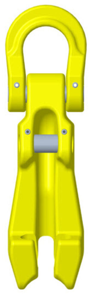 Yellow industrial lifting hook with a secure latch mechanism, designed for heavy-duty equipment and machinery use.