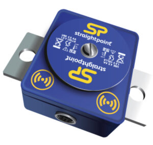 Wireless load monitoring sensor with blue casing by Straightpoint, featuring connectivity and safety symbols.