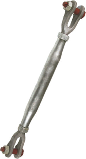 Steel turnbuckle with eye bolts and red nuts used for tensioning applications in construction and rigging.