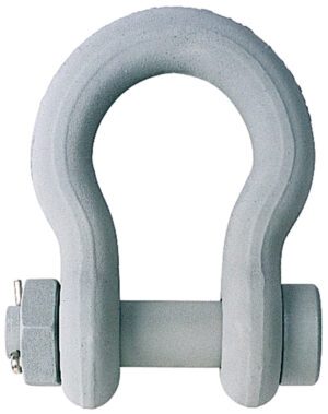 Steel shackle on white background, used for lifting and rigging applications.