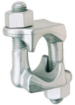 Heavy-duty galvanized ground clamp for secure electrical connections in industrial settings.