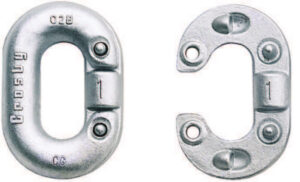 Steel chain links; one solid, one open; marked CG and Crosby. Industrial hardware for lifting and rigging.