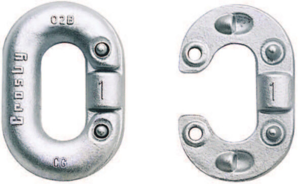 Steel chain links; one solid, one open; marked CG and Crosby. Industrial hardware for lifting and rigging.