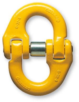 Yellow industrial connector link for lifting and rigging applications, featuring durable construction and secure assembly.