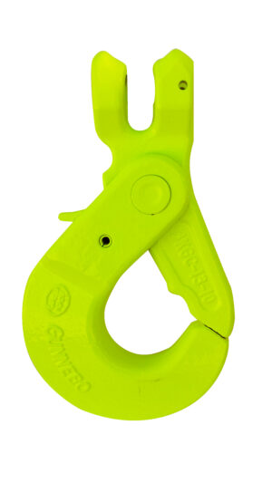 Bright yellow lifting hook for heavy-duty industrial applications.
