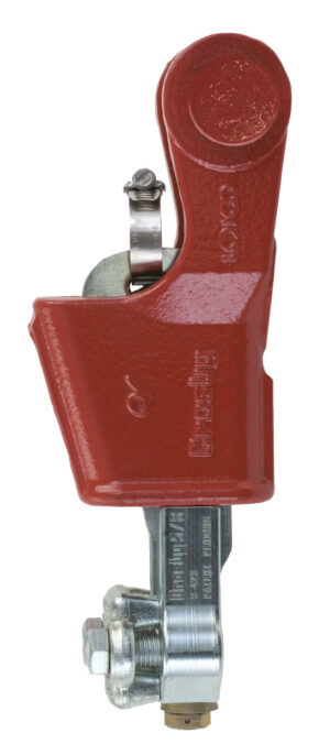 Red industrial tool with metal clamp and bolt, isolated on white background, for heavy-duty mechanical applications.