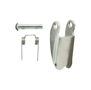 Metal hardware set with a pin, spring, and bracket for industrial use on white background.