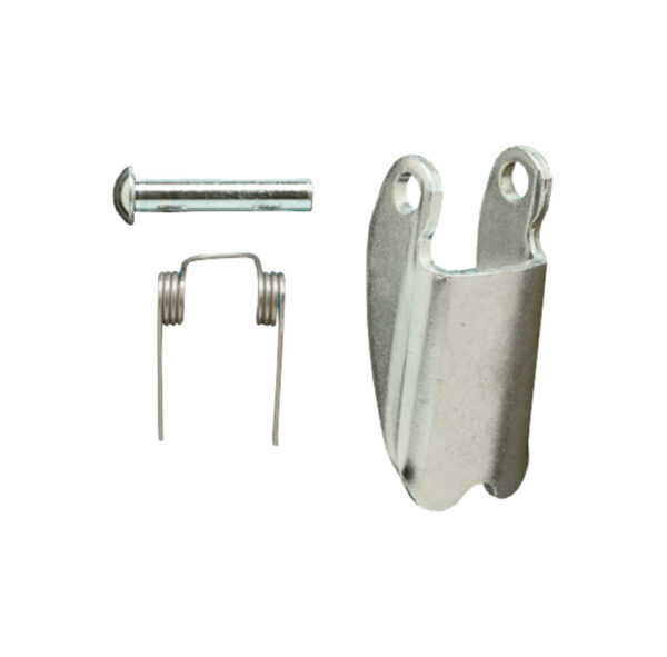 Metal hardware set with a pin, spring, and bracket for industrial use on white background.
