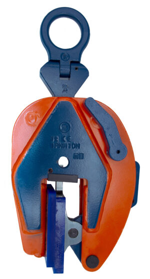 Orange and blue vertical lifting clamp for heavy-duty industrial use.