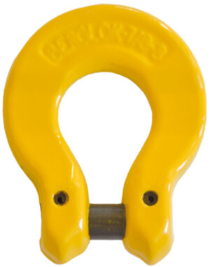 Yellow safety hook with pin for lifting applications, featuring a durable and secure design.