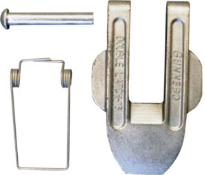 Close-up of a metal double latch assembly with pin and spring, labeled Double Latch-16 from Gunnebo.