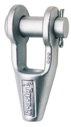 Silver metal wedge socket with pin, labeled Crosby, used for securing wire ropes in lifting applications.