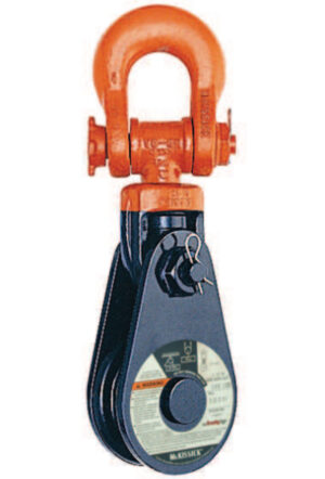 Industrial orange and black pulley block with shackle for heavy-duty lifting and rigging operations.