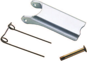 Silver metal hardware kit with pin, clip, and bracket for machinery assembly.