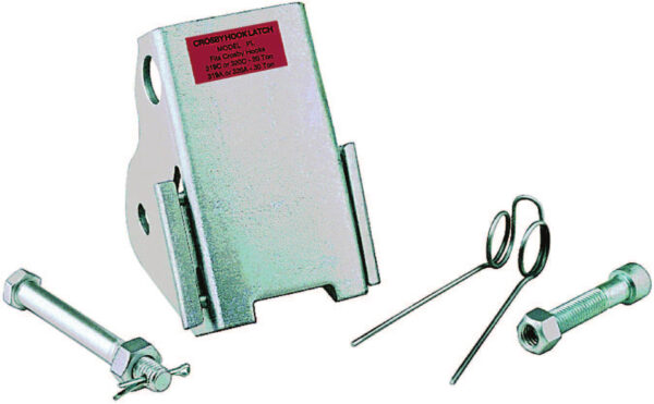 Crosby hook latch kit with pins and bolts for heavy-duty lifting, compatible with 20 to 39-ton hooks.