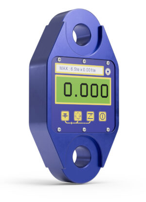 Digital load cell in blue, 6.5te capacity, display showing zero load measurement, isolated on white background.