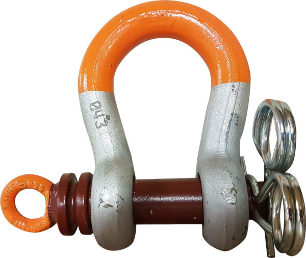 Heavy-duty shackle with orange and silver finish, featuring a secure pin and coil, used for lifting and rigging.
