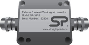 External 3-wire 4-20mA signal converter, model SA-3420, by Straightpoint, shown with connectors.
