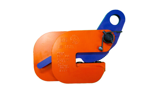 Close-up of an orange and blue lifting clamp for heavy-duty industrial applications.
