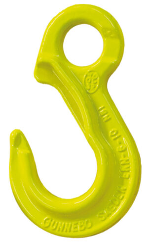 Yellow lifting hook for heavy-duty use, with wide opening and circular fastening hole.