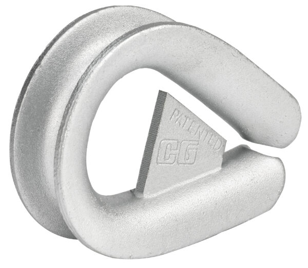 Silver device part with a unique triangular centerpiece, labelled with PATENTED CG for industrial applications.
