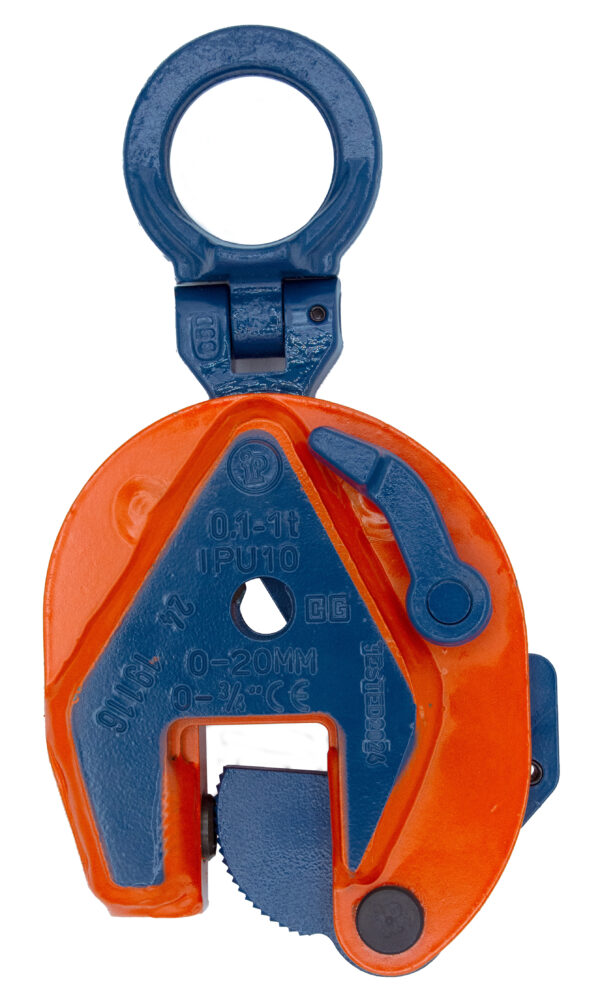 Blue and orange vertical lifting clamp tool used for industrial material handling and hoisting applications.