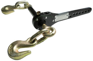Lever binder with gold hooks and chain for securing loads.